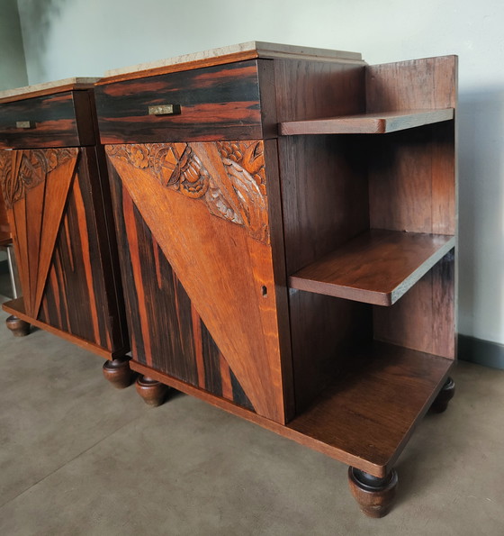 Image 1 of Art Deco bedside tables | Macassar style | marble top