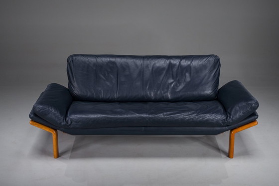 Image 1 of  Danish Teak and Navy Blue Leather 3-Seater Sofa from Komfort, 1970s
