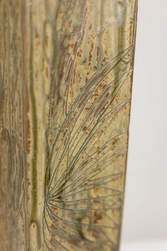 Image 1 of Brutalist style stoneware vase with vegetal decoration. 1970s.