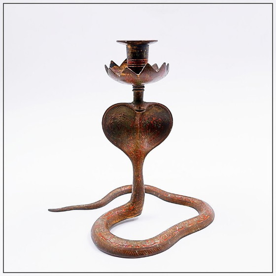 Image 1 of Persian-style brass candlestick in the shape of a cobra - 20th century