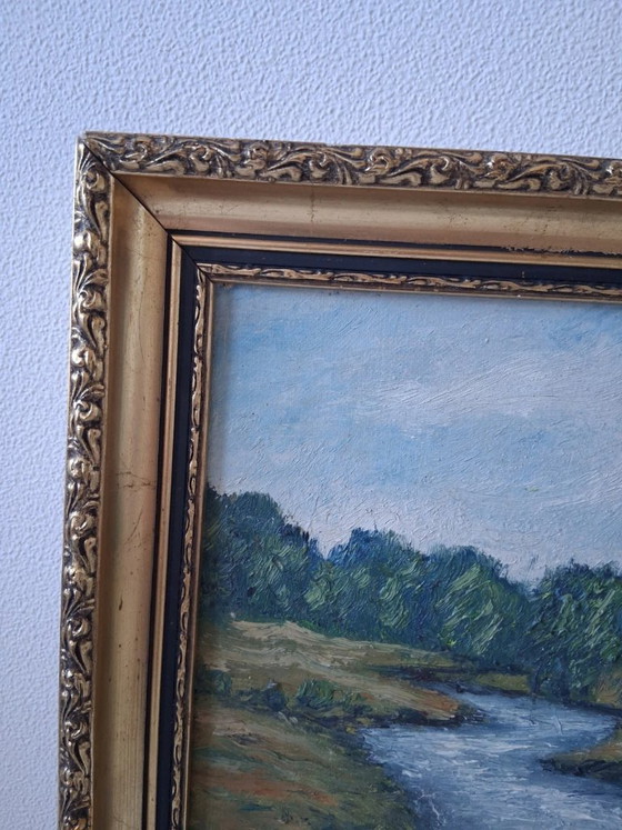 Image 1 of Dipinto originale ad olio su tela con cornice in legno | Paesaggio fluviale | Vintage