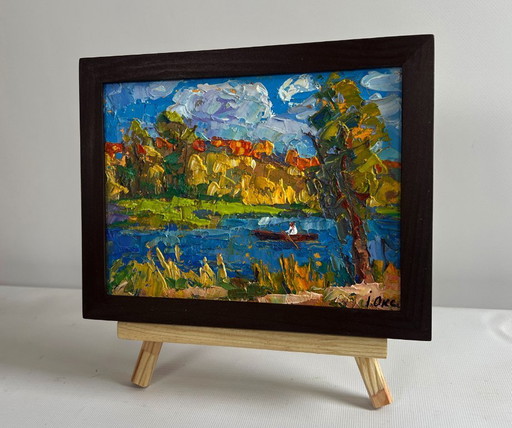 Original Oil Painting Autumn River Landscape Early autumn fishing