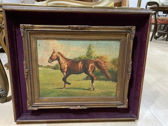 Image 1 of Antique oil painting on panel Thoroughbred Horse Italian School early 1900s