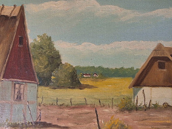 Large Vintage Oil Painting - Sunlit Farmyard with Chickens – Paintings & Drawings, Canvas (photo 9 of 12)