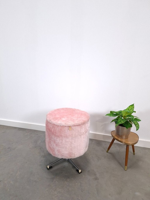 Pouf Rond Pivotant Moelleux Rose avec Couvercle et Pied Chromé