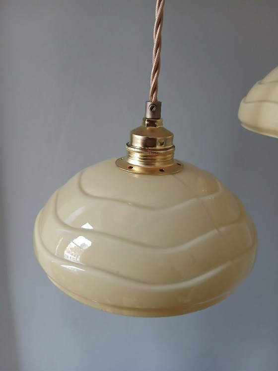 Image 1 of Set (2) Antique ceiling lamps in pastel brown/yellow color.