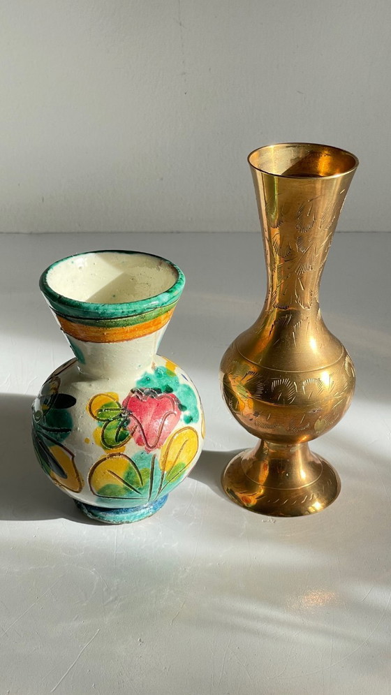 Image 1 of Vintage Handcrafted Ceramic and Brass Vases