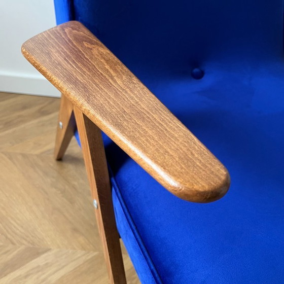 Image 1 of Mid Century Modern Blue Velvet Armchair Restored, Vintage Chierowski Lounge Chair, Polish Wooden Frame Accent Chair