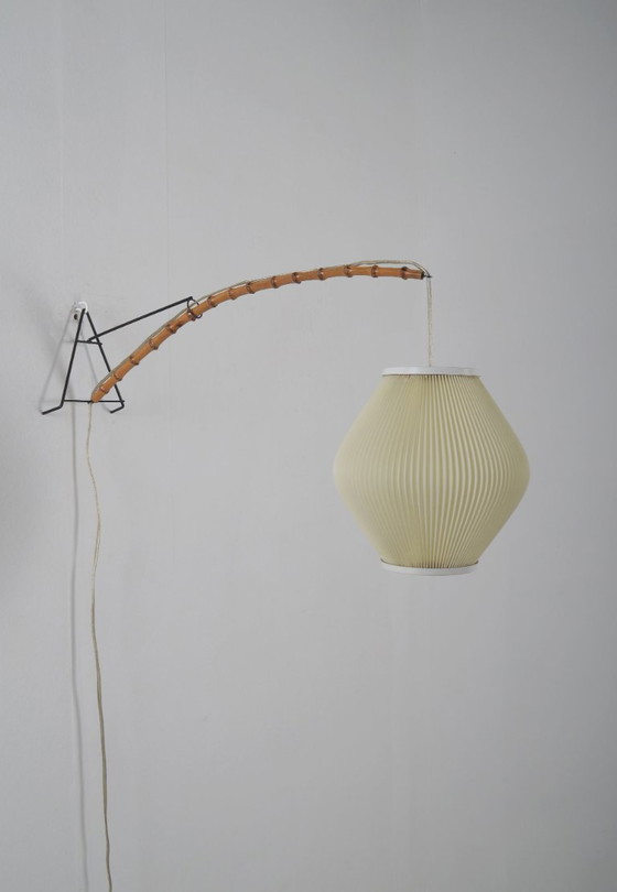 Image 1 of Danish wall lamp with wooden arch and pearl shade lampshade, 1960s