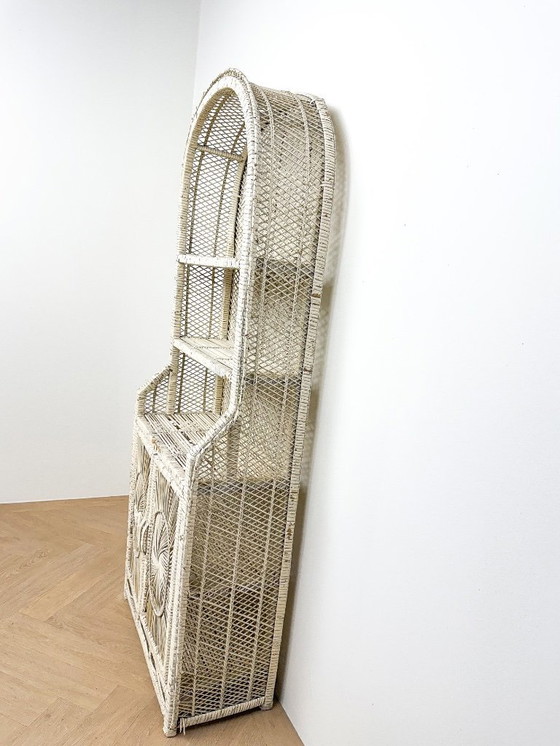 Image 1 of Vintage rattan wicker arch cabinet with sunflower motif