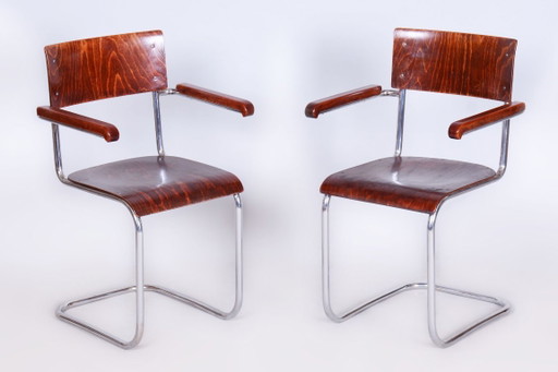 Set van 2 gerestaureerde Bauhaus-stoelen, van Mart Stam, chroom, multiplex, Duitsland, jaren 1930. – stoelen fauteuils, Metal