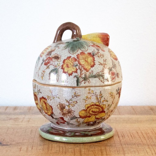 Bonbonnière cinese vintage in ceramica a forma di melone/zucca con motivi floreali