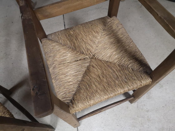 Image 1 of Pair of antique wooden straw-seated armchairs - Authentic country style