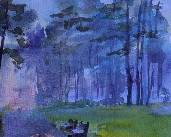 Original Watercolor Painting Cityscape Park Morning After Rain – Paintings & Drawings, Paper (photo 5 of 7)