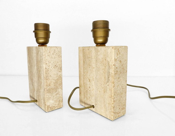 Image 1 of Pair of solid travertine table lamps with incised decoration, French production, circa 1970–1980