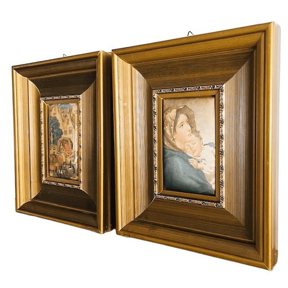 Image 1 of Set of Vintage Silk Paintings with Gold Frames 1960s