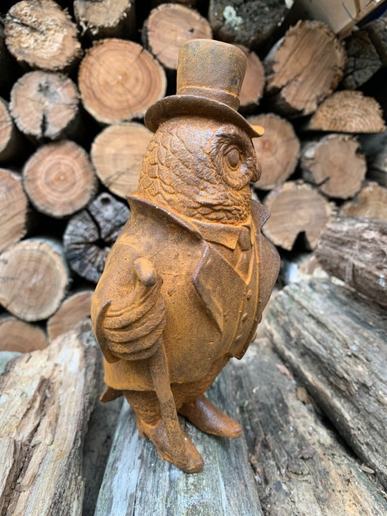 Image 1 of Owl in Costume with Walking Stick and Hat Statue Made of Cast Iron
