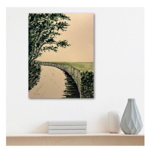 Olivgrüne Tinte auf 250 g Naturpapier. Größe 40 x 30 cm.