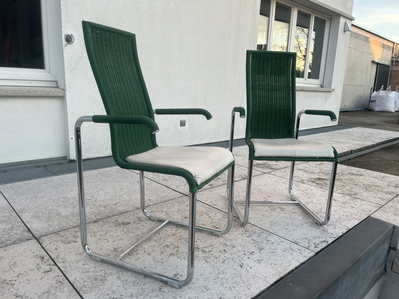 Image 1 of Tecta cantilever chair in fresh green with armrests and white seat cushions, design by Axel Buchhäuser