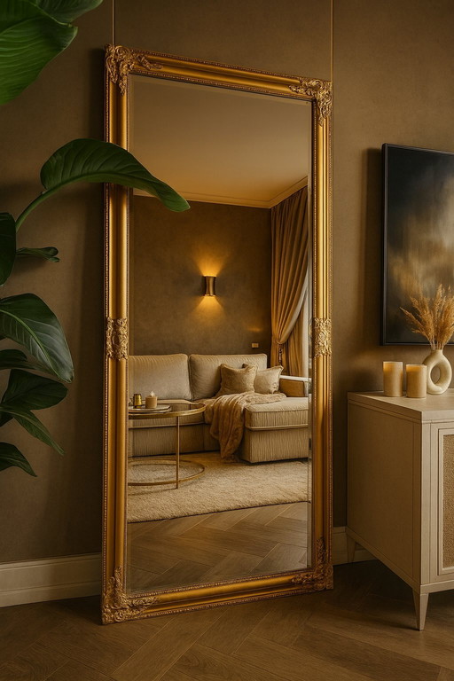 Espejo único de gran tamaño en bronce dorado con facetas.