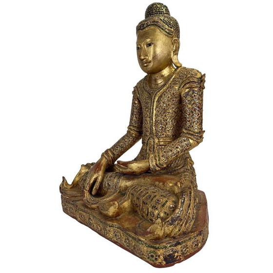 Antieke Birmese Jambupati Boeddha met glasinleg, 57 cm hoog. – Beeldhouwkunst, Wood (photo 10 of 16)
