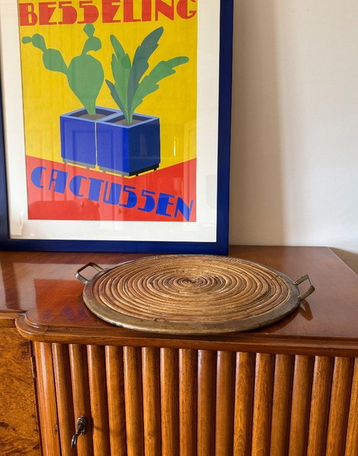 Hollywood regency brass and wicker tray, Italy ca. 1970