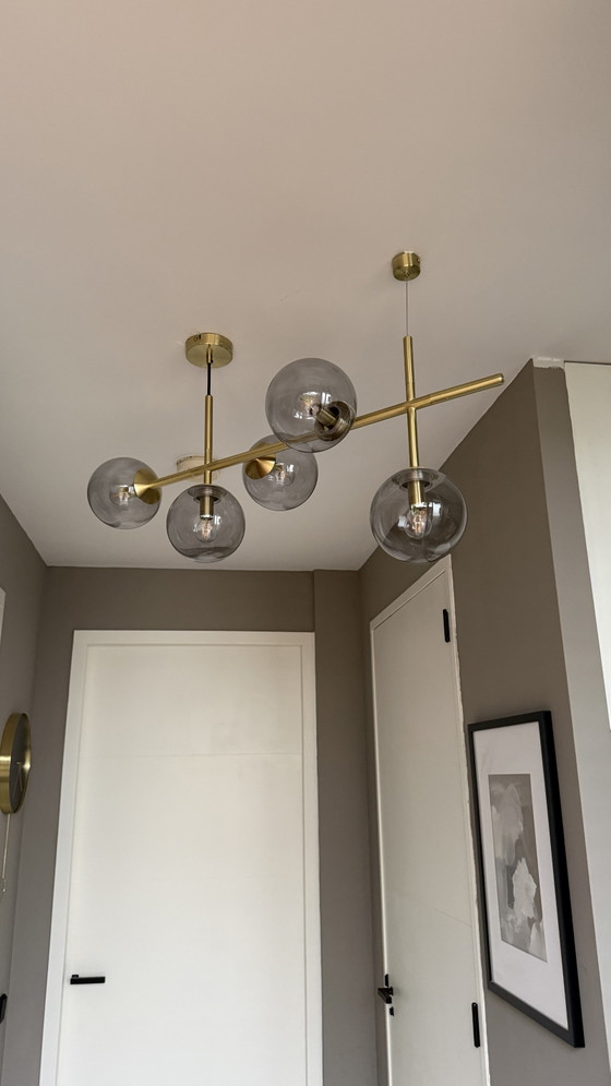 Image 1 of Brass & Smoked-Glass Multi-Globe Pendant Light