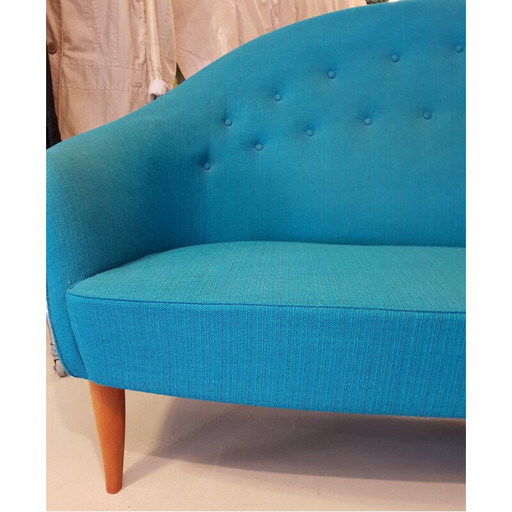 Vintage Paradiset bank van Triva in turquoise blauwe stof 1950
