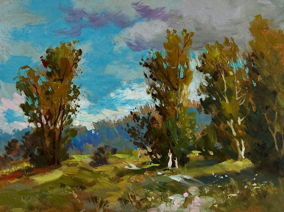 Image 1 of Origineel olieverfschilderij: Zomers boslandschap. Regen komt eraan.