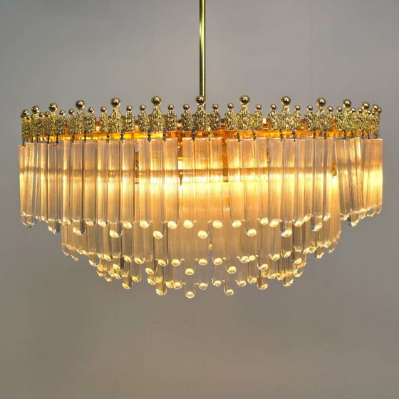 Image 1 of Xl kroonluchter mid century geperst glas met messing Hollywood regency glam