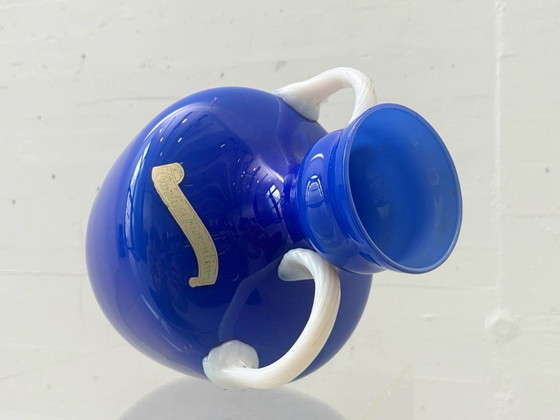 Image 1 of Handle vase made of blue opal glass by Opalina Fiorentina, Italy, 1960s
