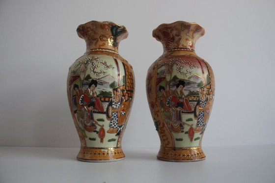 Image 1 of Pair of Chinese Porcelain Vases, Satsuma, 1970's. 