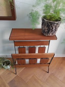 60s-70s design teak veneer magazine rack side table by BroVorm Haarlem, with original sticker