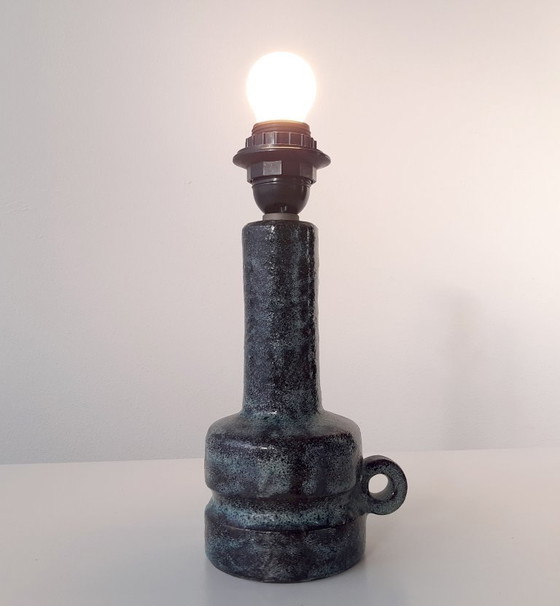 Image 1 of Blue turquoise ceramic lamp base with shades of black, vintage earthenware mcm lamp base