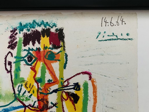 Picasso: "Le Fuemer, 1964 (Le Fumeur Assis)" 2019, Including Frame. Authorized Offset Color Lithograph, Signed, High Quality.