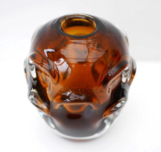 Image 1 of Mid-century modern biomorphic-shaped handmade crystal vase in amber and brown attributed to Börne Augustsson for Åseda, Sweden