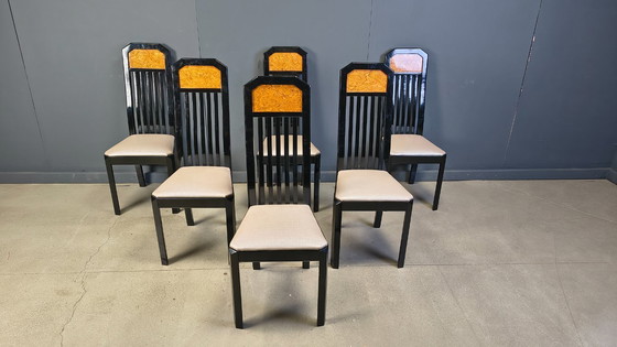 Image 1 of Chaises de salle à manger vintage en loupe de bois et laque, années 1980