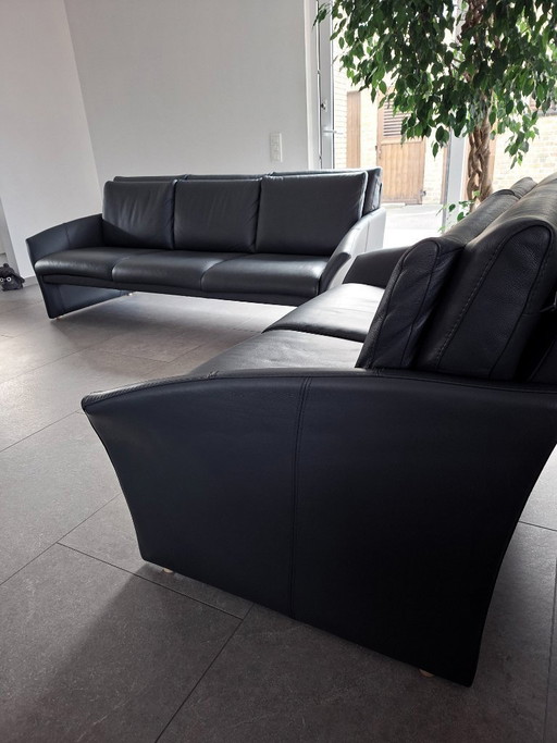 Zeitloses Wohnzimmer-Set aus Leder, 3-Sitzer + 2-Sitzer – Anthrazit