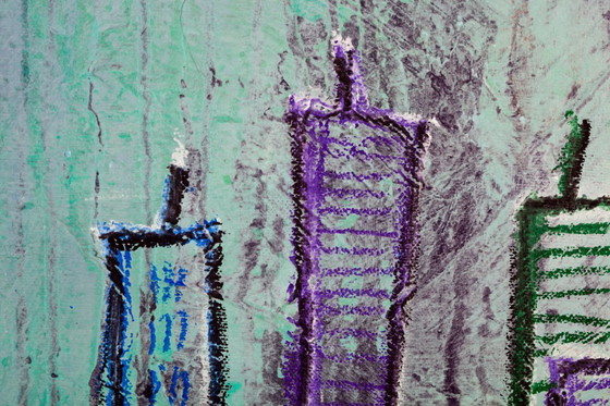 Image 1 of Contemporary paintig in teal, purple and green shades, acrylic on canvas