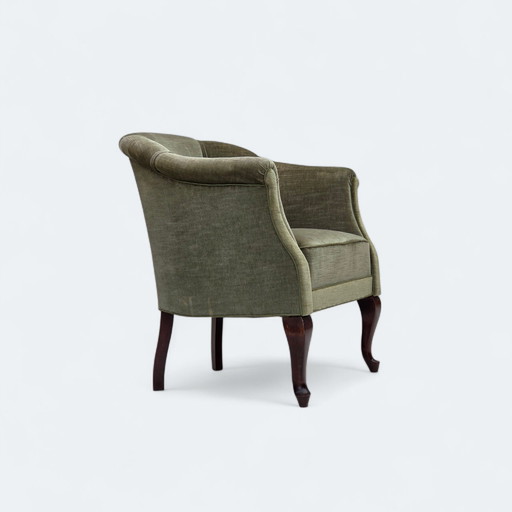 Poltrona danese degli anni '60, velluto da arredamento verde, gambe in legno di faggio.