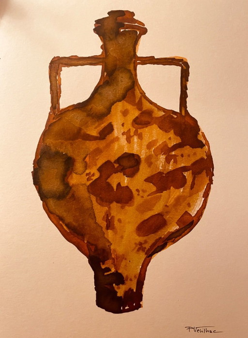 Watercolor painting and ink vase Wabi Sabi Marocco collection