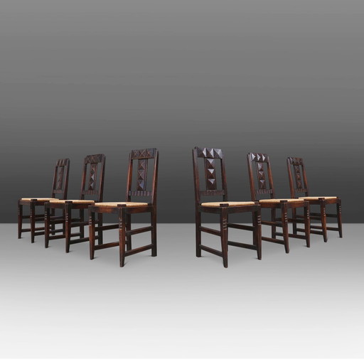 Ensemble de 6 chaises de salle à manger Art Déco en chêne et osier par Victor Coutray, France
