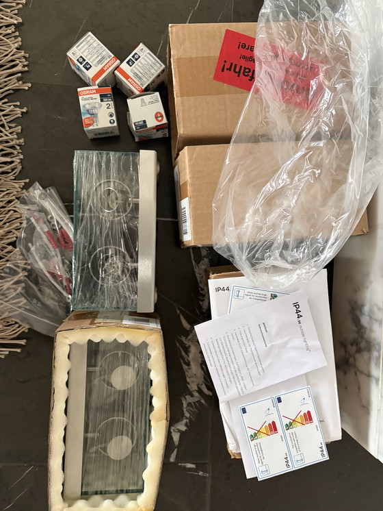 Image 1 of Apliques de diseño / apliques de espejo de cristal y acero inoxidable – Nuevos y sin usar (2 piezas)