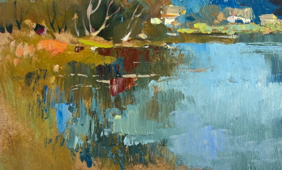 Image 1 of Peinture à l'huile originale représentant un paysage de rivière en été, reflet de la nature