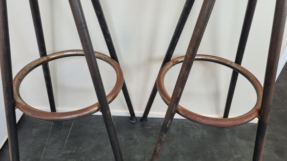 Image 1 of Set (2x) industrial vintage metal bar stools metal & wood