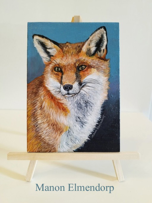 Hand-painted Small Fox Painting 13x18 cm New – schilderijen tekeningen, Wood, Canvas