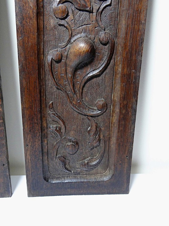Image 1 of Par de paneles decorativos de pared antiguos de madera tallada del siglo XIX.