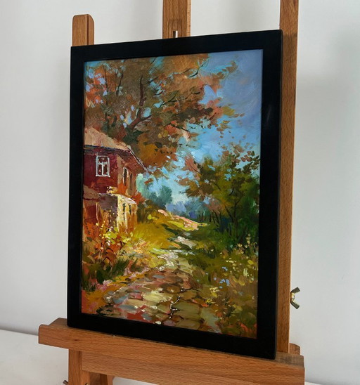 Original Oil Painting Autumn House Landscape Autumn golden path