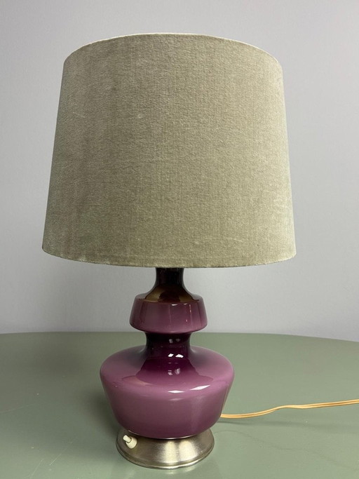 Charming Mid-Century Belgian De Rupel Purple Opaline Glass Table Lamp with Vintage Velvet Shade. Belgium 1960s–70s. Ref.: TL200