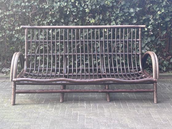 Image 1 of Vintage rotan rieten 3-persoonsbank bruin midcentury